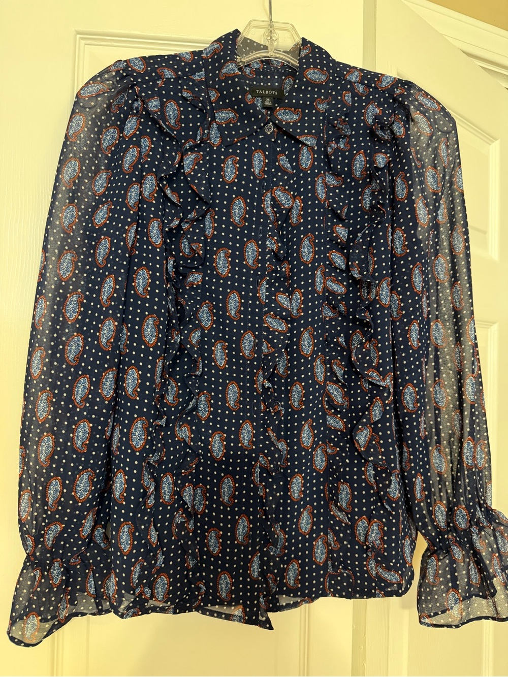 Talbots Navy Blue Paisley Ruffle Blouse